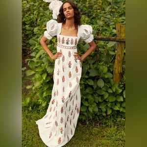 NWT Agua Bendita Pistachio Linen Maxi Empire Dress in Dahlia Floral Print, M